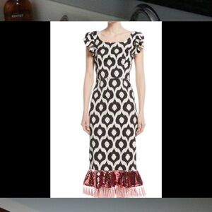 Sachin + Babi Black and Beige Midi Dress with Pink Sequin and Fringe Hem.